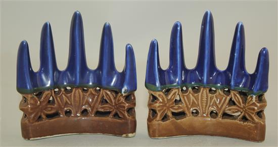 A pair of Chinese blue and cafe au lait glazed mountain peak brush rests, 18th century, height 9cm